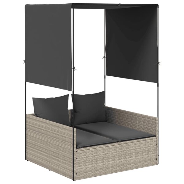 vidaXL Chaise longue double avec toit et rideaux gris clair poly rotin
