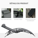 Bain de soleil transat design contemporain inclinable multi-positions tétière amovible incluse alu textilène gris
