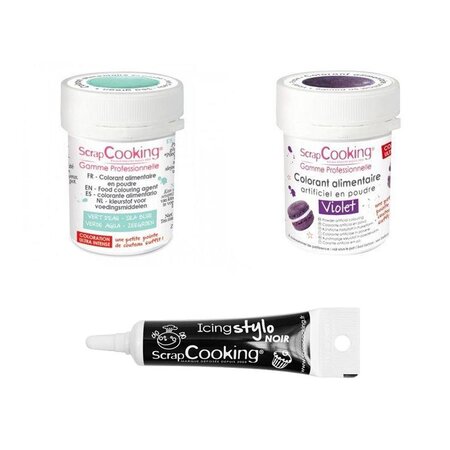 2 colorants alimentaires violet-vert d'eau + Stylo glaçage noir