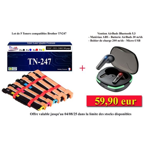 T3AZUR - 5 Toners compatibles avec TN247 pour Brother MFC-L3710CW  MFC-L3730CDN  MFC-L3740CDN Noire - 3 000 pages - T3AZUR