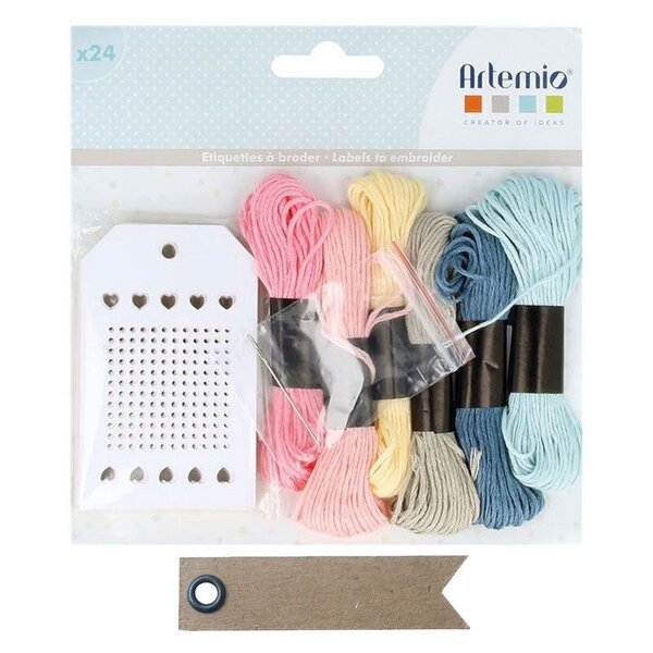 24 étiquettes blanches à broder adorable + 20 étiquettes kraft fanion