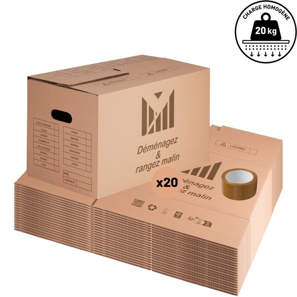 Lot de 20 cartons 50x30x30 cm poignées renforcées double épaisseur + 1 rouleau adhésif 68 m