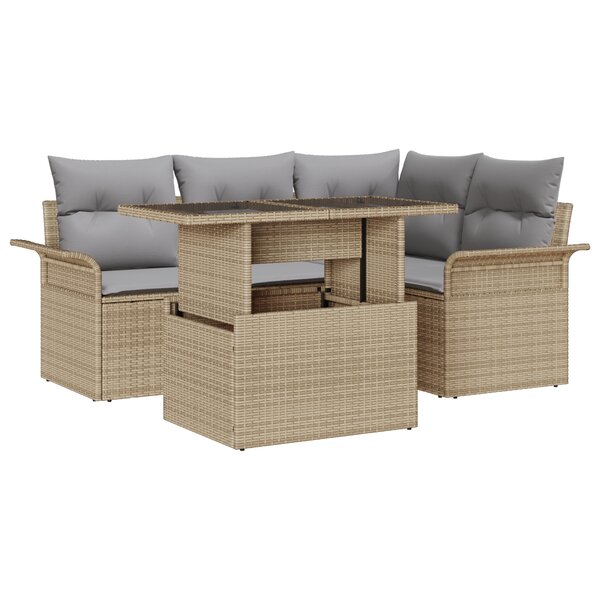 vidaXL Ensemble de Canapé de Jardin de 5 Pièces avec Coussins Beige Poly Rattan