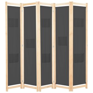 vidaXL Cloison de séparation 5 panneaux Gris 200 x 170 x 4 cm Tissu