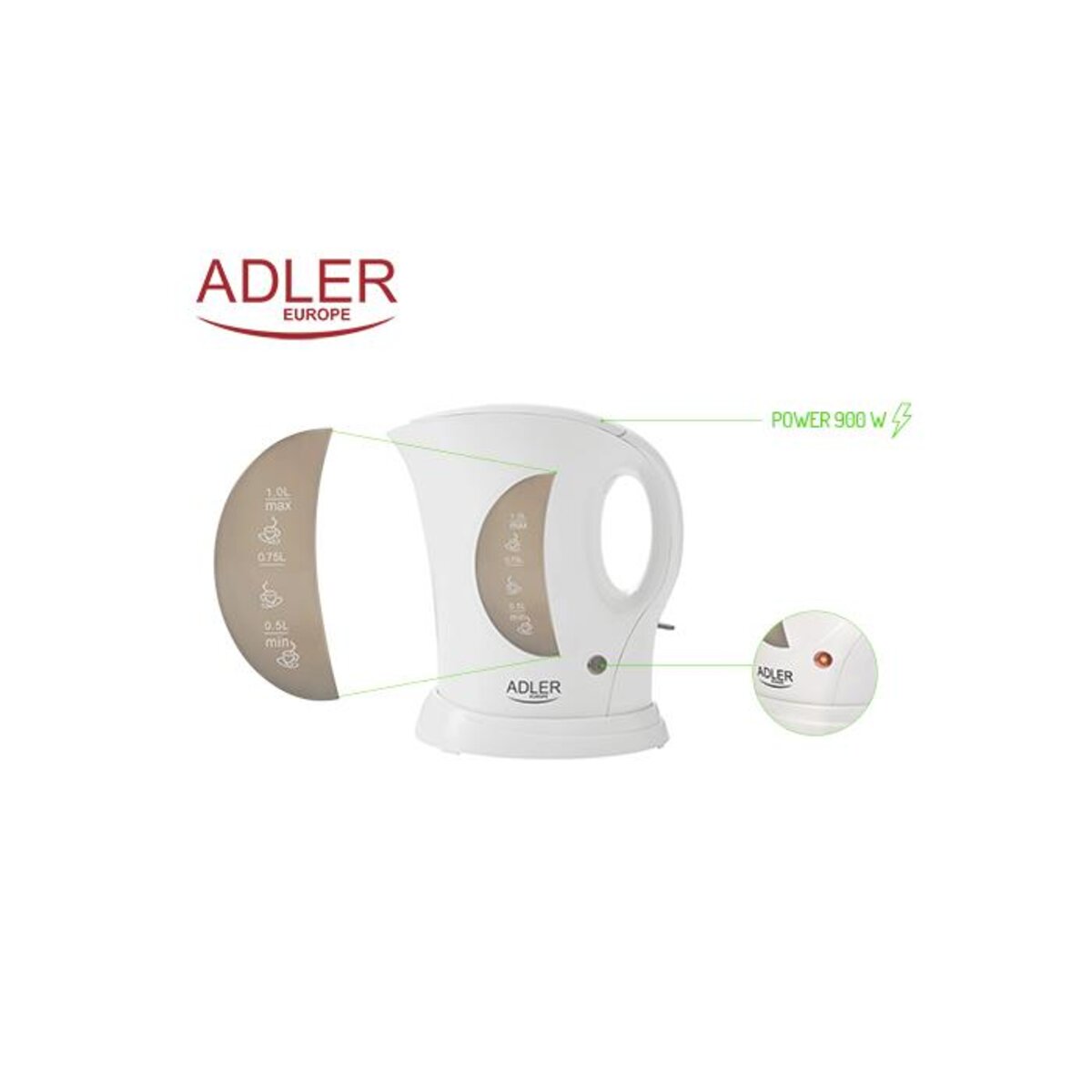 Bouilloire électrique compacte 0,6 Litres filtre anti-calcaire sans BPA  Adler Blanc 760 AD02