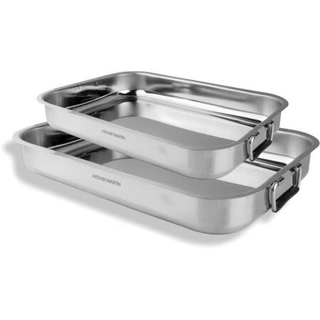 ARTHUR MARTIN AM279 Set de 2 plats a four Inox 30-35 cm - Acier inoxydable - Intérieur satiné - Anses a charniere en acier