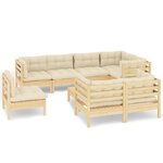 vidaXL Salon de jardin 9 Pièces avec coussins crème bois de pin massif