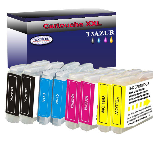 Lot de 8 Cartouches compatibles Brother DCP-540CN, DCP-560CN, DCP-750CN, LC1000XL  (Noire+Couleur) – T3AZUR