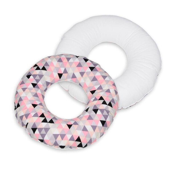 Coussin rond post natal triangles roses   blanc
