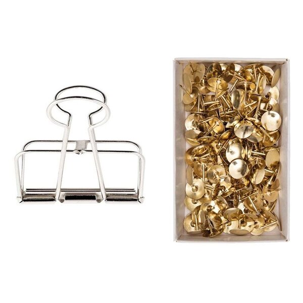 6 pinces double-clip argenté 19 mm + 150 punaises dorées
