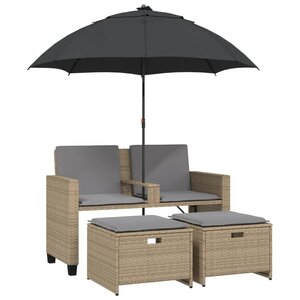 vidaXL Canapé de jardin 2 places avec parasol et tabourets beige rotin