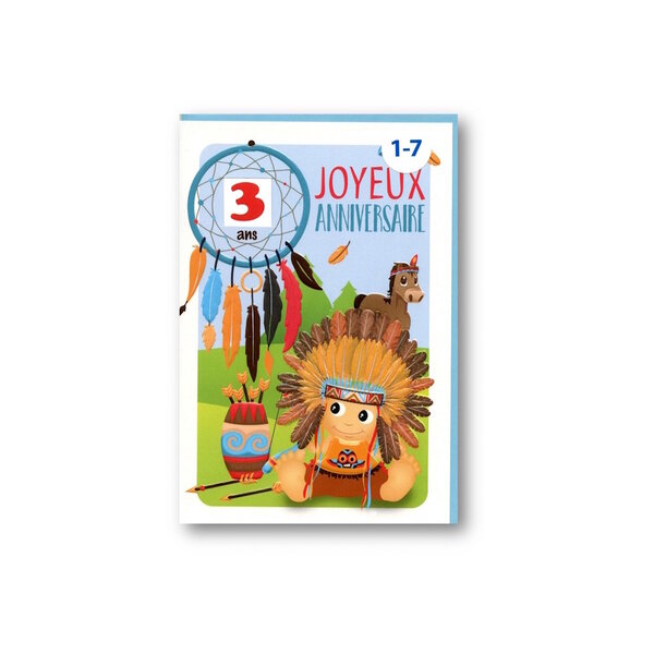 Carte De Voeux Enfant - Anniversaire Age de 1 à 7 ans - Indien Attrape-Rêve Bleu