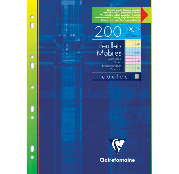 Feuillets mobiles couleur s/étui 21x29 7 200p (50x4 coul.assorties) Q.5x5 CLAIREFONTAINE