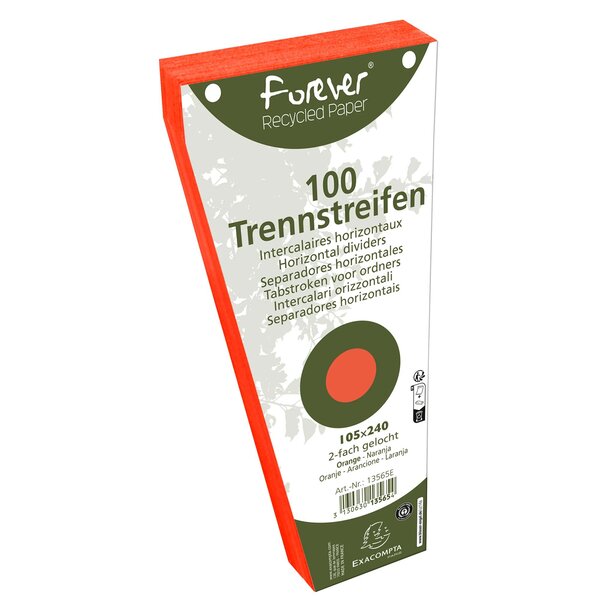 Paquet 100 Fiches Intercalaires Trapézoïdales Unies Perforées Forever - 105x240mm - Orange - Exacompta