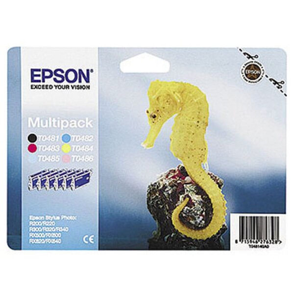 T0487 hippocampe" cartouche d'encre originale quickdry pack 6 couleurs (c13t04874010) - noir  cyan  magenta  jaune  cyan clair  magenta clair (paquet 6 unités)"