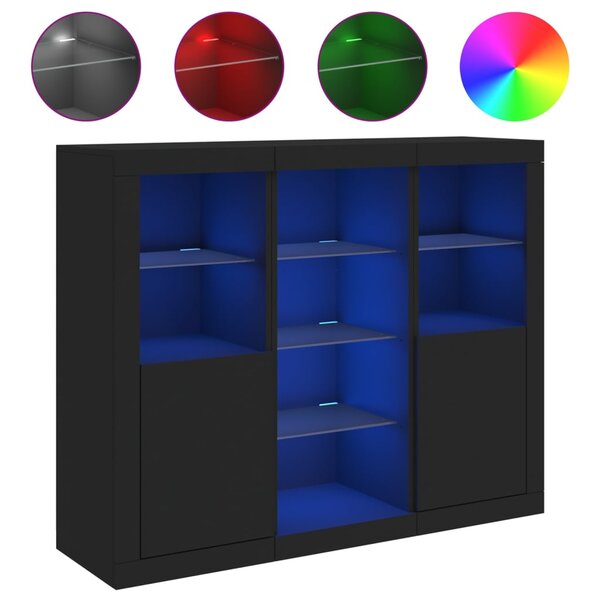 vidaXL Buffets avec lumières LED 3 Pièces noir bois d'ingénierie