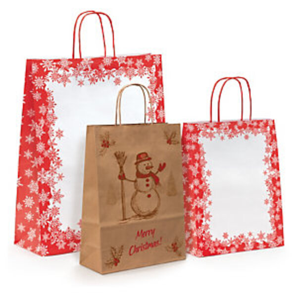 Lot de 50: sac kraft noël  flocons à poignées torsadées 36x44,5x14 cm