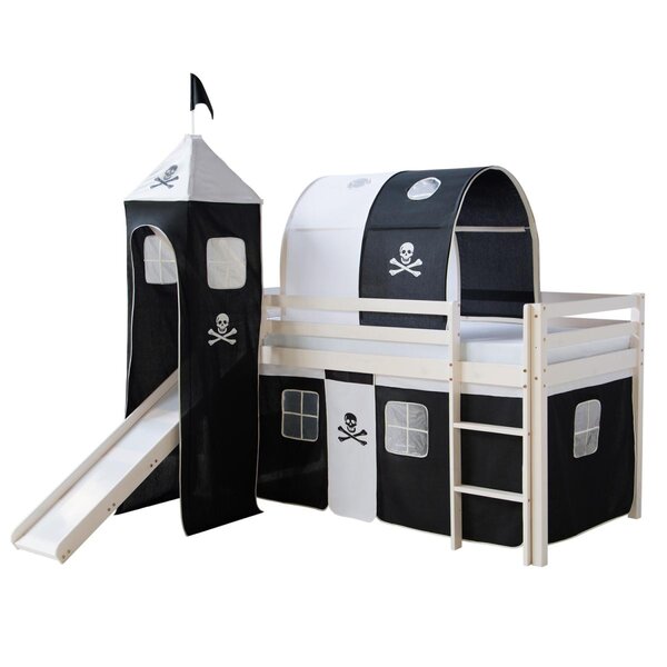 Lit mezzanine avec Tunnel Tour Toboggan Rideau Pirate Noir 90x200