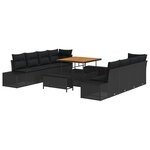 vidaXL Canapé de jardin de 11 pièces avec coussins en poly rotin noir et bois d'acacia