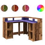 Bureau table poste de travail meuble d'ordinateur informatique étude avec lumières LED vieux bois bois d'ingénierie brun 02_0023439