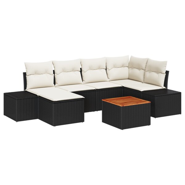 vidaXL Ensemble de Canapés de Jardin de 7 Pièces avec Coussins Noir Poly Rattan Acacia
