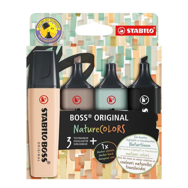 Etui carton x 4 surligneurs BOSS ORIGINAL NatureCOLORS Assortis dont 1 Noir STABILO