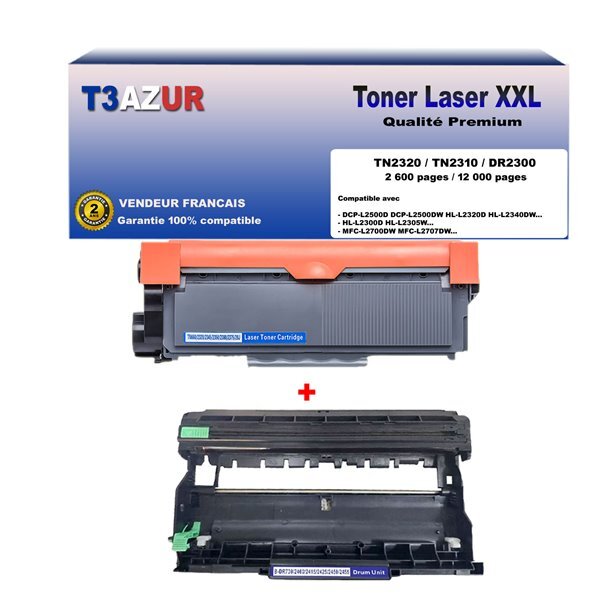 Kit Tambour+Toner compatibles avec Brother TN2320  DR2300 pour Brother DCP-L2500D   L2520DW   L2540DN   L2560DW - 2 600 pages - T3AZUR