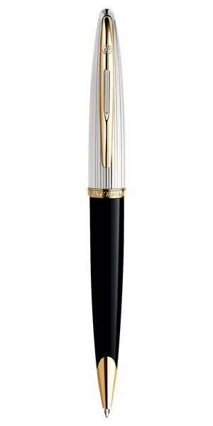 Waterman carène deluxe stylo bille  noir brillant et plaqué argent  recharge bleue pointe moyenne  coffret cadeau