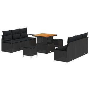 vidaXL Ensemble de canapé de jardin 9 pièces avec coussins en poly rotin noir et acacia