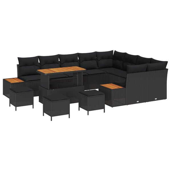 Canapé de jardin 13 pièces avec coussins en rotin poly noir