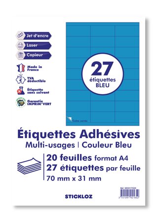 20 planches a4 - 27 étiquettes 70 mm x 31 mm autocollantes bleu par planche pour tous types imprimantes - jet d'encre/laser/photocopieuse