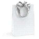 Sac pelliculé brillant blanc à poignées satin 12 x 16 x 7 cm (lot de 25)