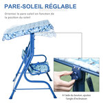 Balancelle de jardin 2 places pour enfants ceintures sécurité réglables accoudoirs pare-soleil inclinable motif requin bleu