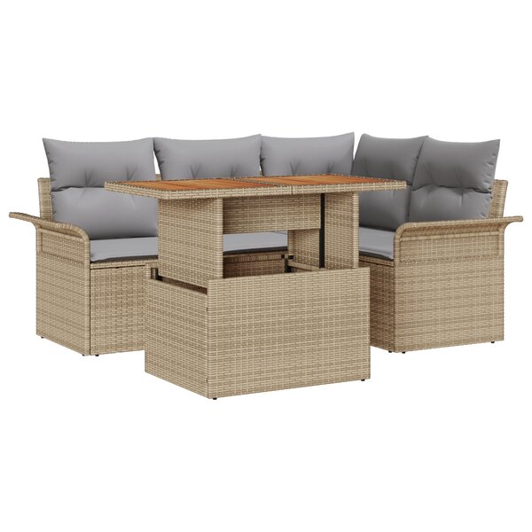 Canapés de jardin 5 pièces avec coussins en poly-rattan beige