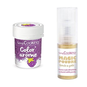 Colorant alimentaire violet arôme mûre + Poudre alimentaire irisée dorée