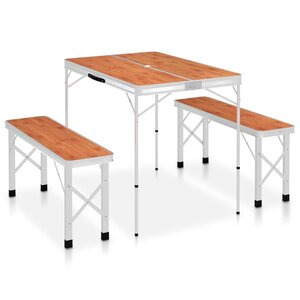 vidaXL Table de camping pliable avec 2 bancs Aluminium Marron