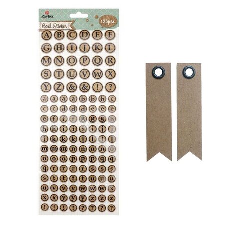 Stickers ronds en liège Alphabet majuscule & minuscule + 20 étiquettes kraft Fanion
