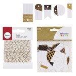 21 étiquettes perforées noir doré & blanc + Ficelle dorée & blanche 15 m