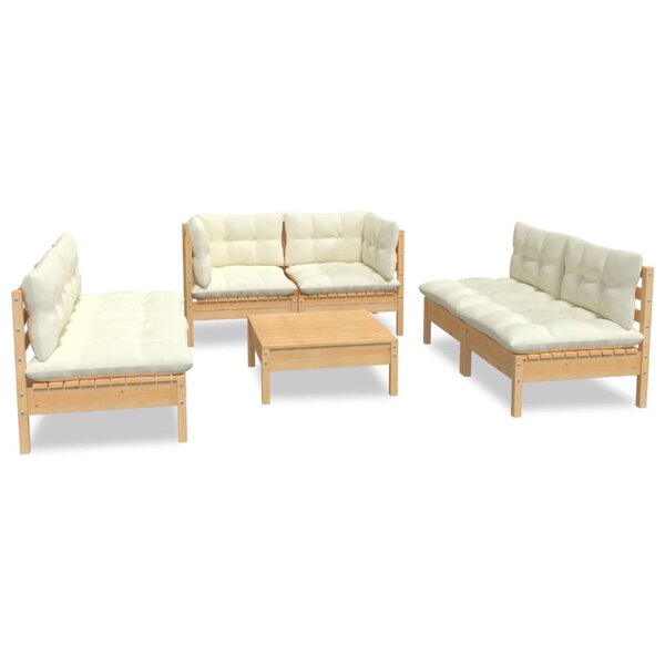 Salon de jardin meuble d'extérieur ensemble de mobilier 7 pièces avec coussins crème bois de pin massif 02_0017175