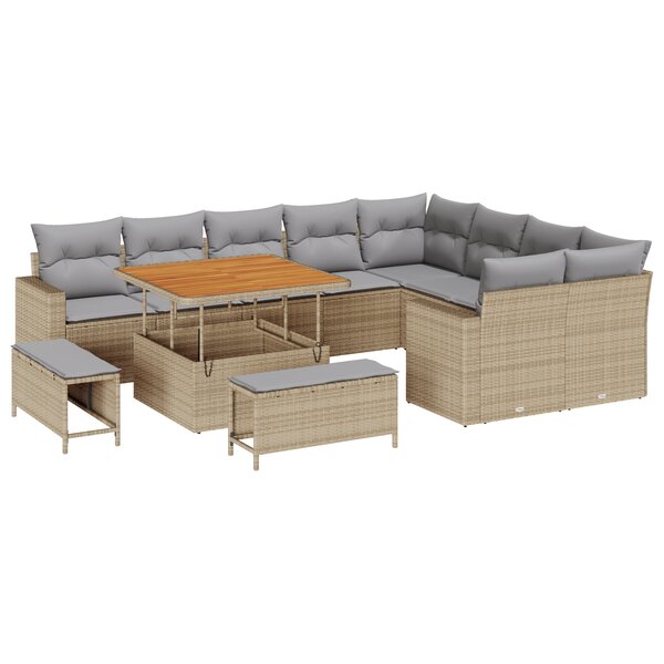 Ensemble de canapé de jardin vidaXL 12 pièces avec coussins Beige Poly Rotin Acacia