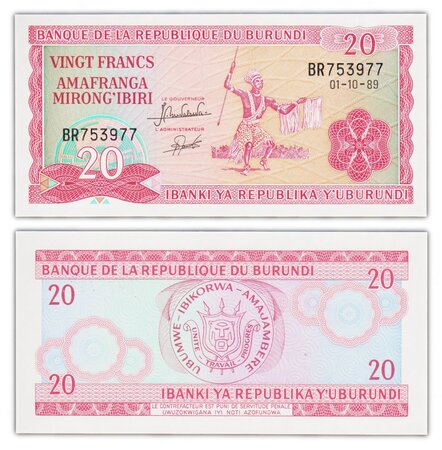 Billet de collection 20 francs 1989 burundi - neuf - p27b