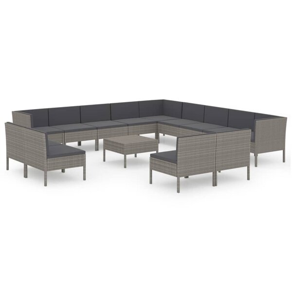 vidaXL Salon de jardin 14 Pièces avec coussins Résine tressée Gris