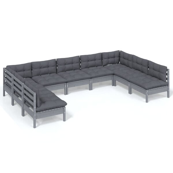 vidaXL Salon de jardin 9 Pièces avec coussins Gris Bois de pin massif