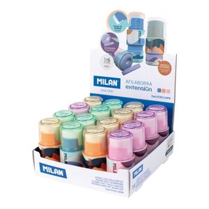 Milan Extension The Fun Présentoir de 16 taille-crayons avec gomme - Taille-crayon avec rangement et lame de sécurité - Couleurs assorties