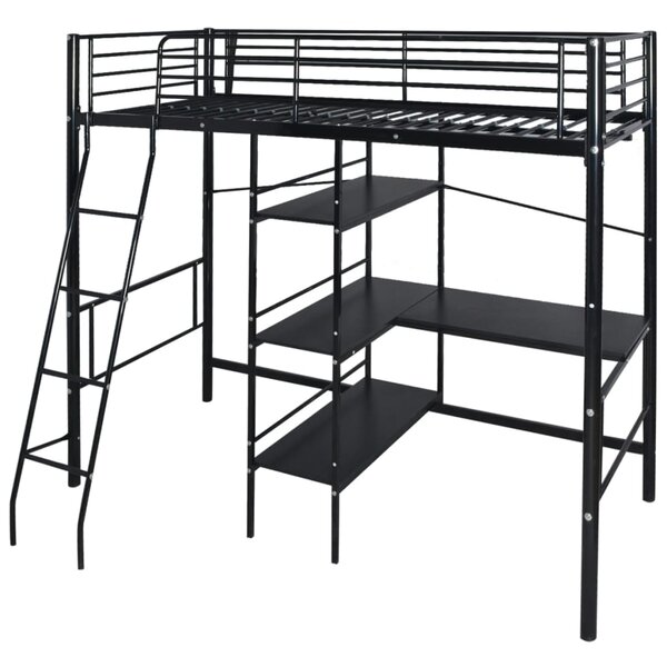 Vidaxl lit haut avec bureau noir métal 90x200 cm