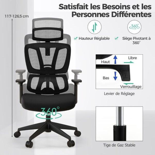 Chaise De Bureau Ergonomique En Maille Respirante Noir - Fauteuil Confortable