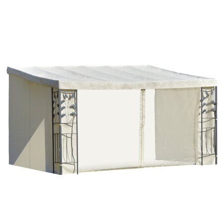 Pergola adossable dim. 4L x 3l x 2 7H m pavillon de jardin toile polyester haute densité moustiquaires crème structure métal époxy gris