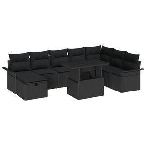 vidaXL Ensemble de canapé de jardin avec coussin 9 Pièces Noir Poly rotin