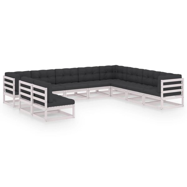 vidaXL Salon de jardin 10 Pièces avec coussins Blanc Bois de pin massif