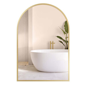 Miroir salle de bain miroir mural arqué cadre en aluminium 91 x 61 cm avec film de sécurité montage facile pour salon chambre salle de bain doré 12_0008047